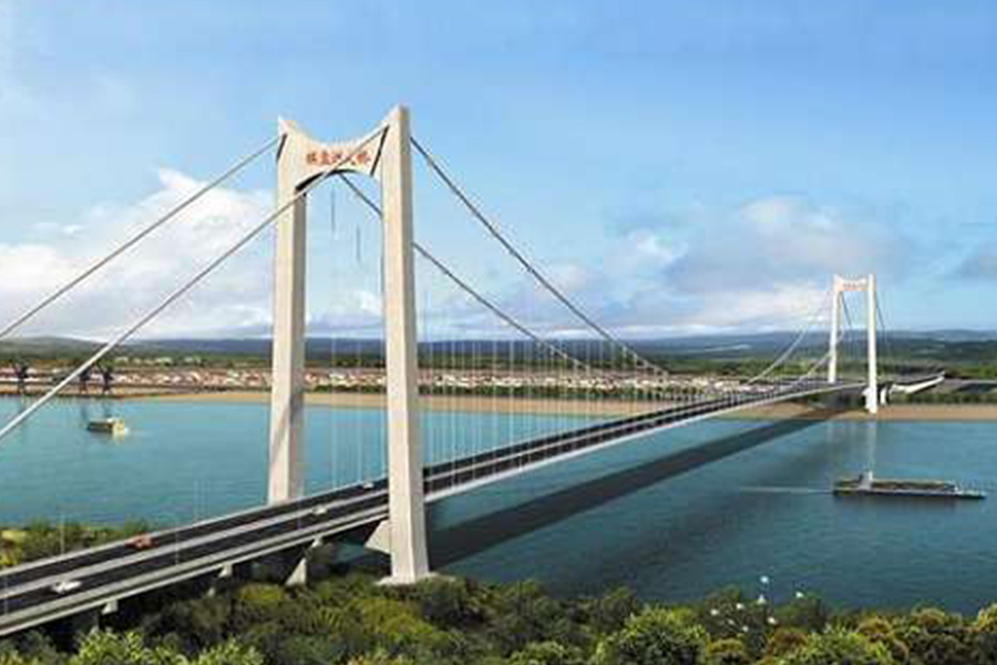 湖北棋盤洲長江公路大橋?yàn)榈劐^式懸索橋,主跨1038米。.jpg